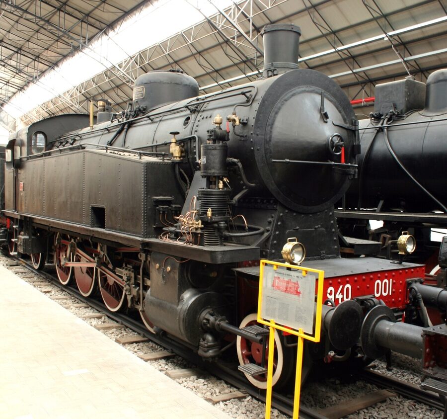 Steam locomotive 940.001 in the railway hall of the Leonardo museum Milan