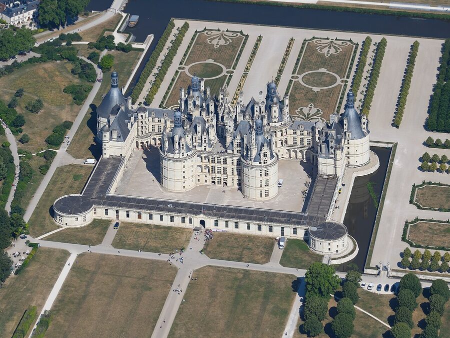 Aerial view of Chambord Castle from the southeast Loire Valley