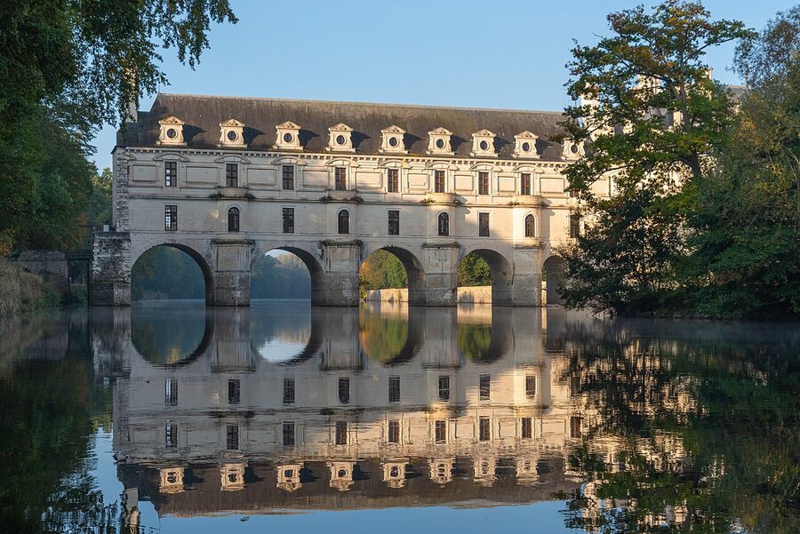 Chenonceau east facade reflected in the River Cher