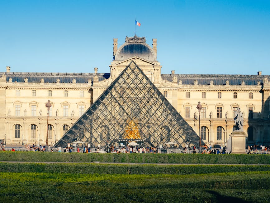 Louvre Pyramid and museum on a clear Paris day