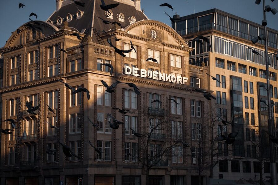 De Bijenkorf department store on Dam Square with pigeons