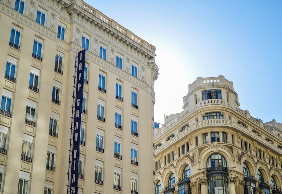Madrid Gran Via classical buildings on a clear morning