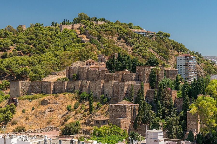 Alcazaba Malaga overview seen from Gibralfaro castle above with port behind