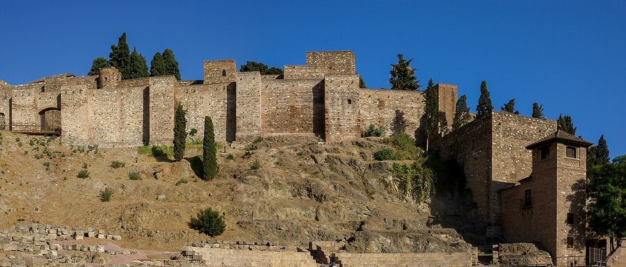 Wide panorama of the Alcazaba Malaga in late afternoon light