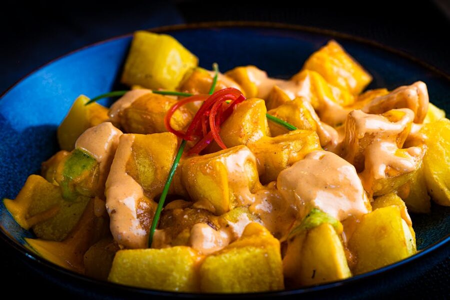 Patatas bravas with spicy aioli, classic Spanish tapas