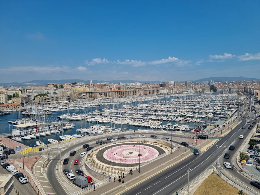 Aerial view of Marseille marina with yachts