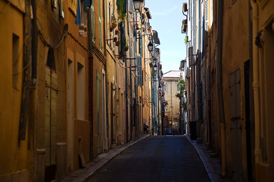 Rue du Panier Marseille narrow street with painted shutters