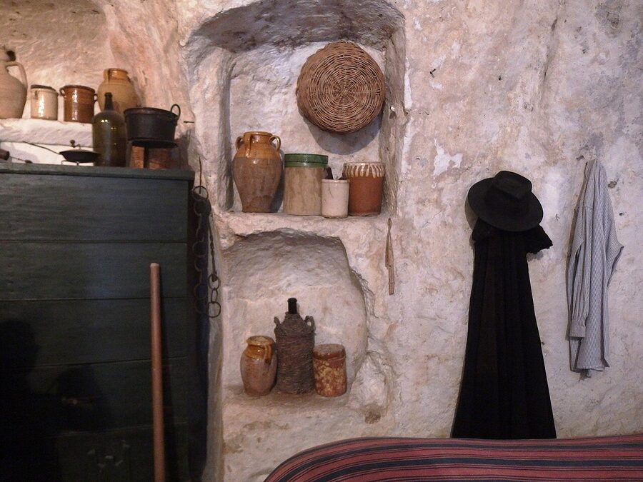 Reconstructed bedroom of a Casa Grotta cave dwelling Matera