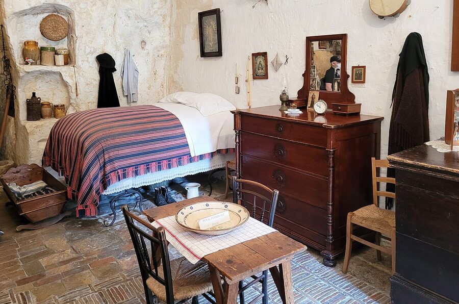 Restored interior of a Sassi cave dwelling in Sasso Caveoso