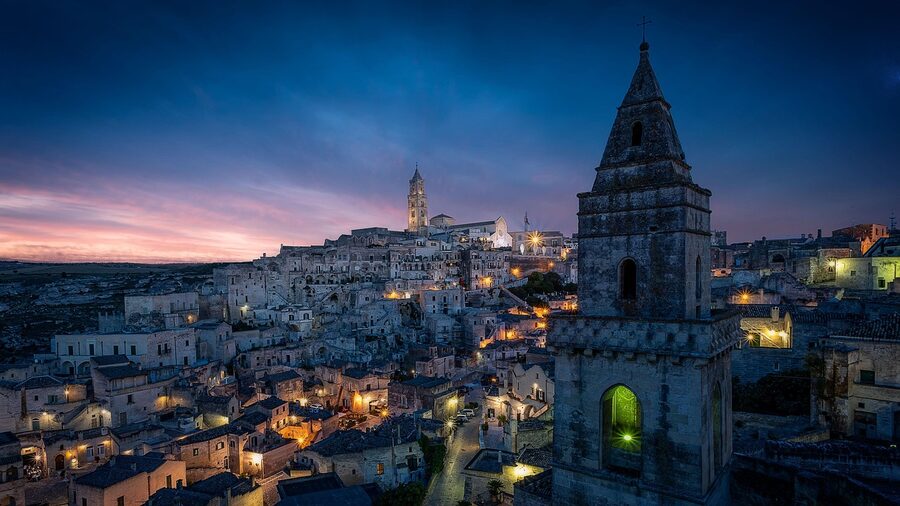 Evening view of Matera Sassi cityscape from above