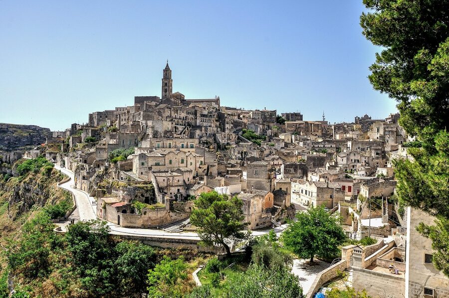 Landscape view of Matera Sassi with surrounding hills