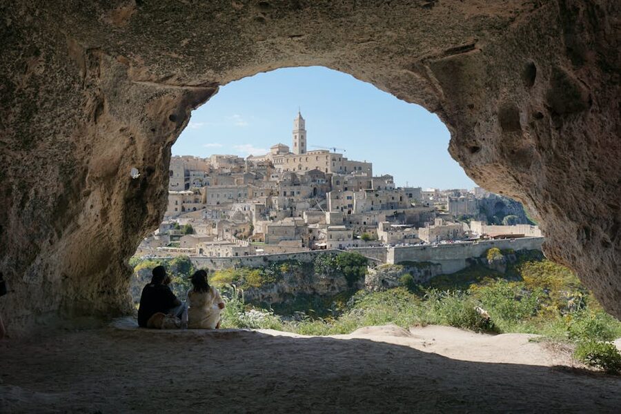 View of Matera Sassi from inside a cave window