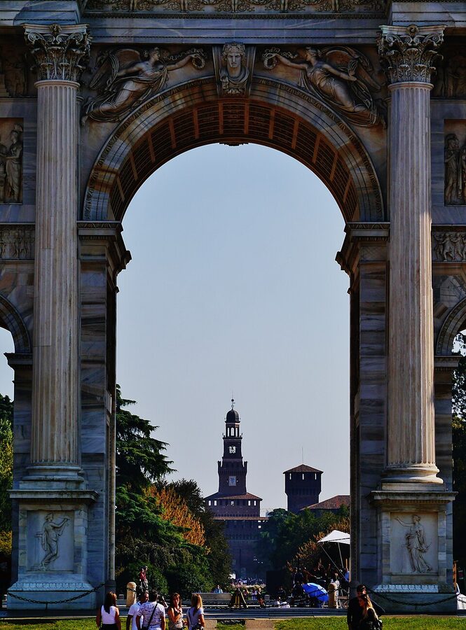 Arco della Pace and Castello Sforzesco viewed across Parco Sempione Milan