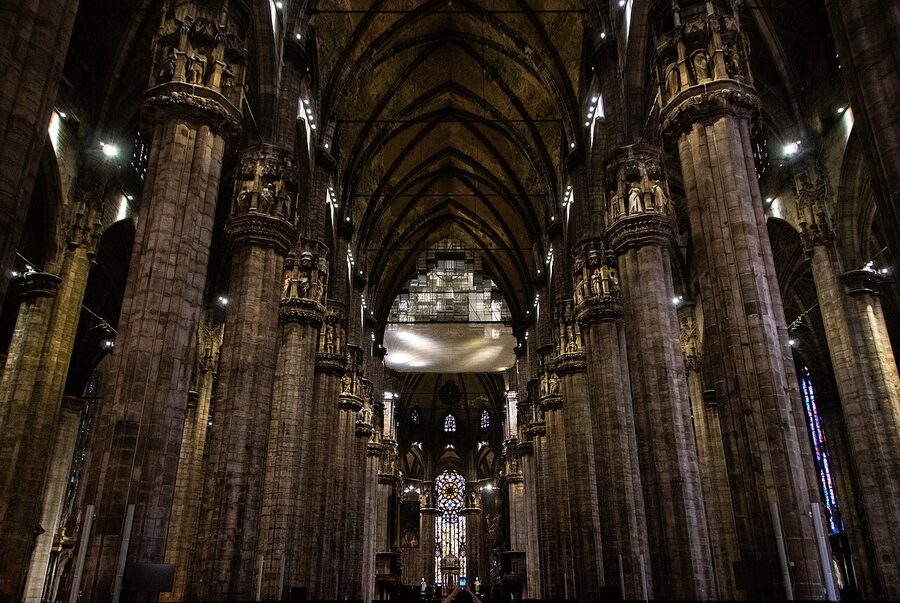 Interior nave of Milan Cathedral with marble columns