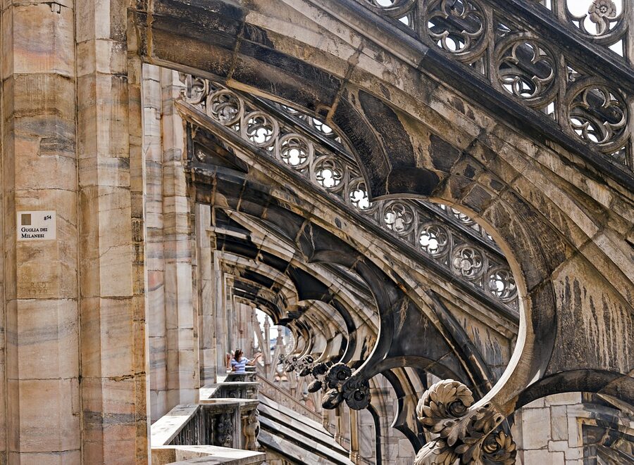 View through flying buttresses on Milan Duomo roof