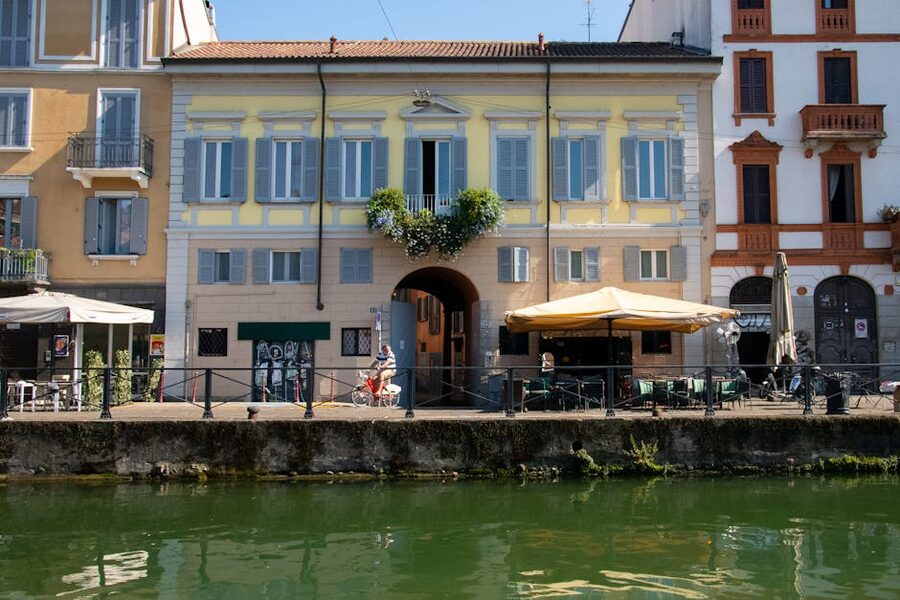 Navigli canal in Milan with restaurants