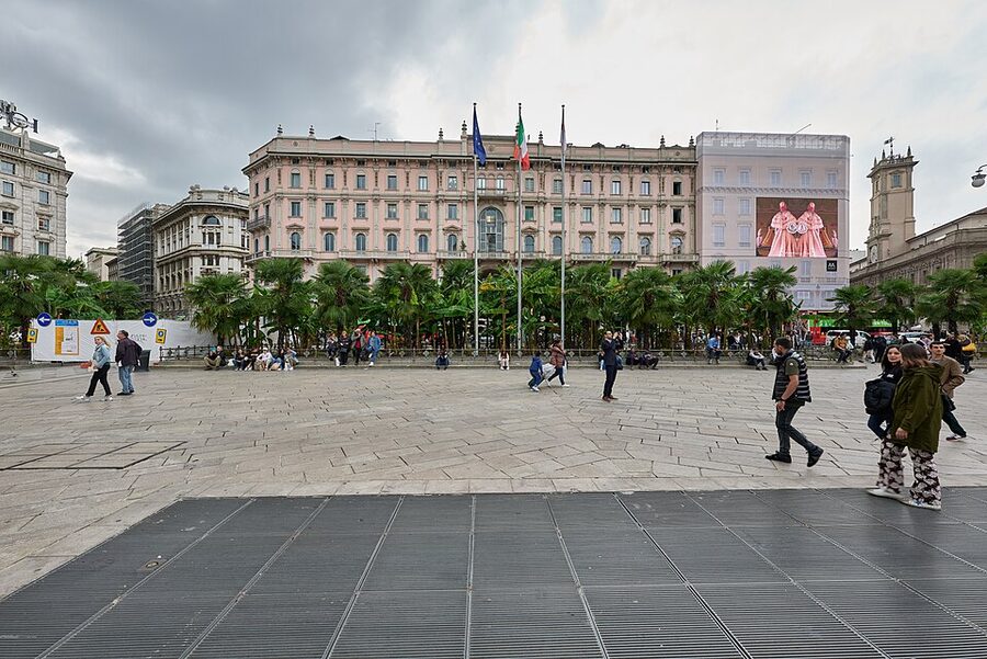 Piazza del Duomo Milan with crowds and trams