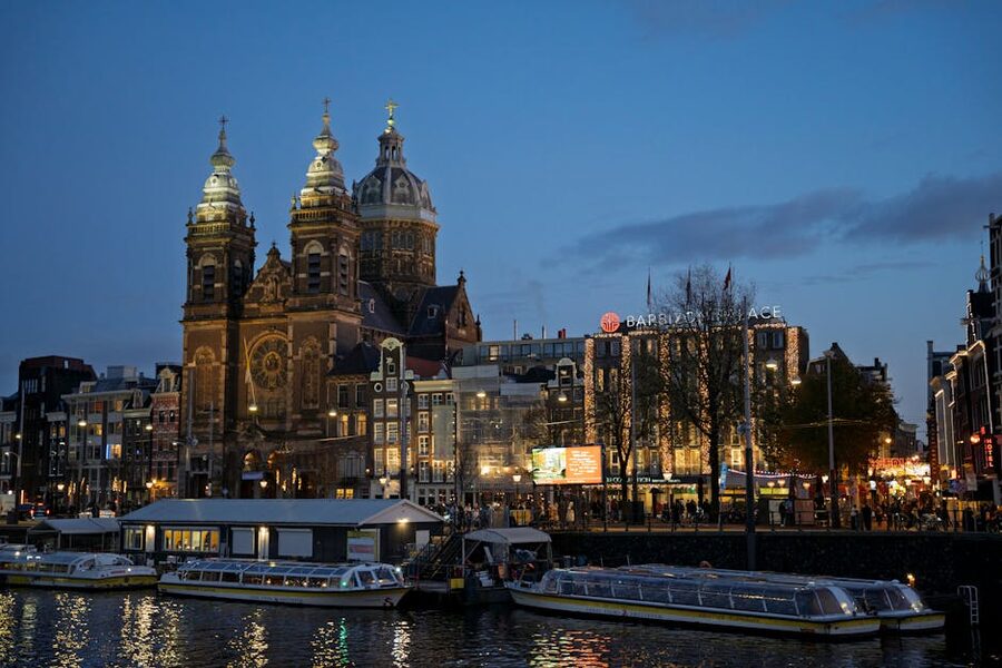 Amsterdam canal at evening twilight near Museumplein