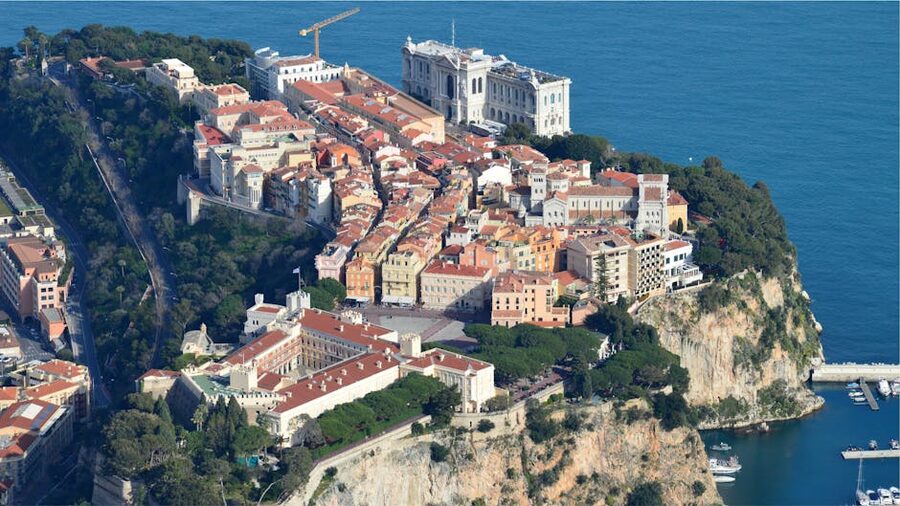 Aerial view of the Prince's Palace of Monaco on the rocky promontory of Le Rocher
