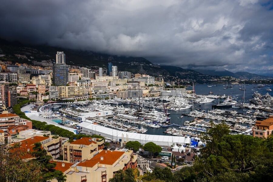Monaco aerial view with the harbour, dense high-rises and yachts in Port Hercule