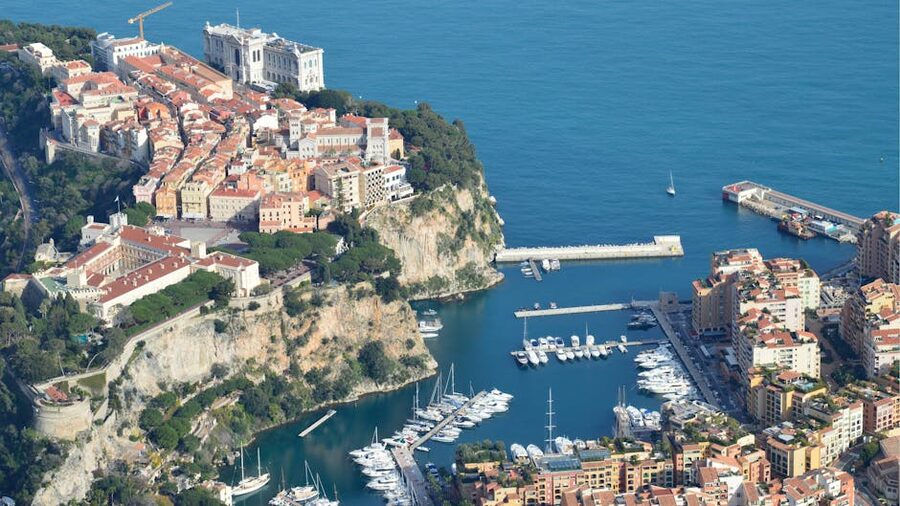 View of Monaco's coastline and marina from the Grande Corniche above the principality