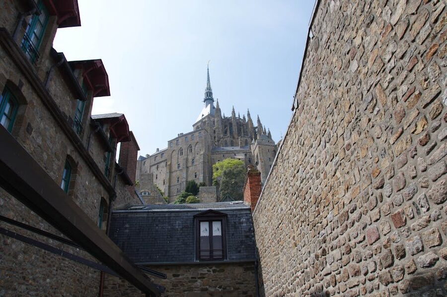 Stone walls framing Mont-Saint-Michel Abbey