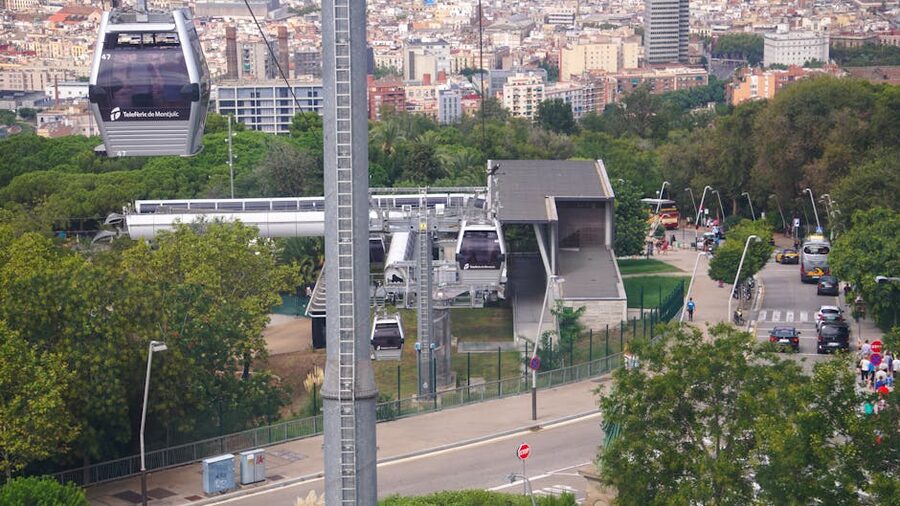 Aerial view of the Telefèric de Montjuïc cabins above Barcelona