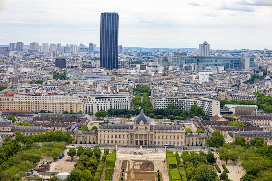 Aerial view of École Militaire and Montparnasse Tower in Paris