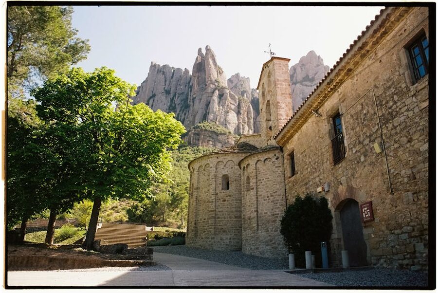 Santa Maria de Montserrat abbey buildings on a clear sunny day