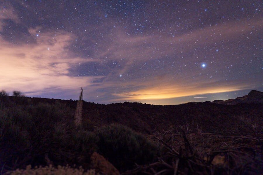 The Milky Way arching over Mount Teide on a clear night in Tenerife