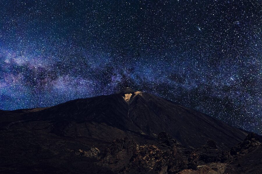 Night sky with stars over the volcanic landscape of Teide National Park