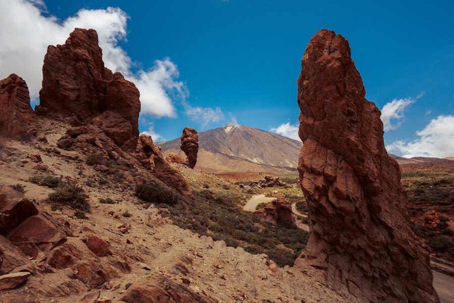 Volcanic landscape with golden grass and Teide National Park terrain
