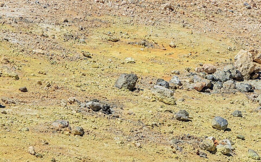 Yellow sulphur deposits at the summit fumarole of Mount Teide