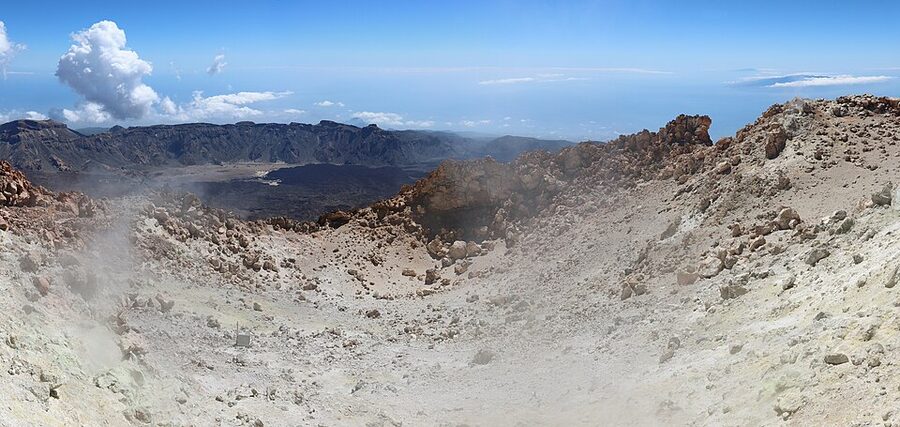 Sulphur fumaroles at the summit of Mount Teide showing it is dormant not extinct