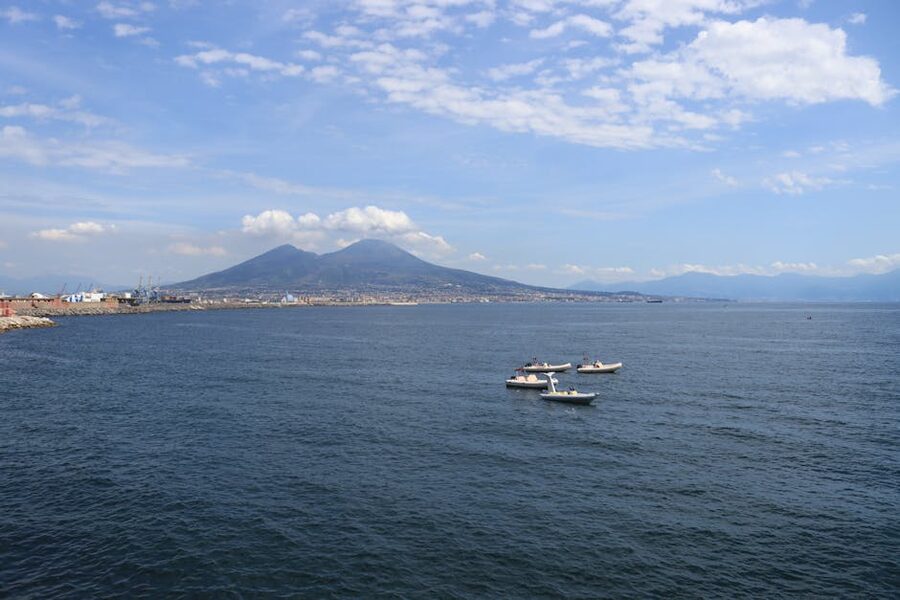 Aerial view of Mount Vesuvius and Bay of Naples with sailing boats