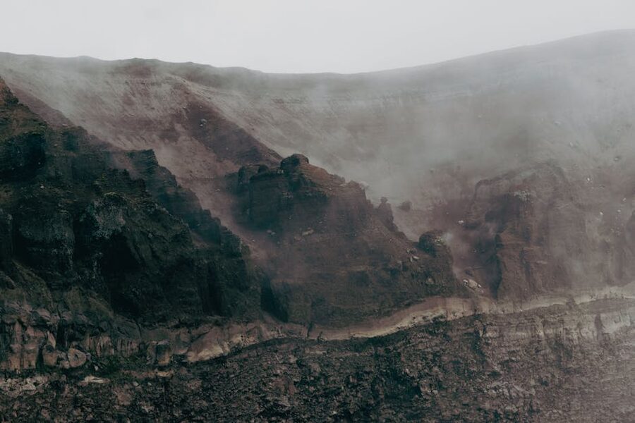 Mount Vesuvius crater obscured by mist