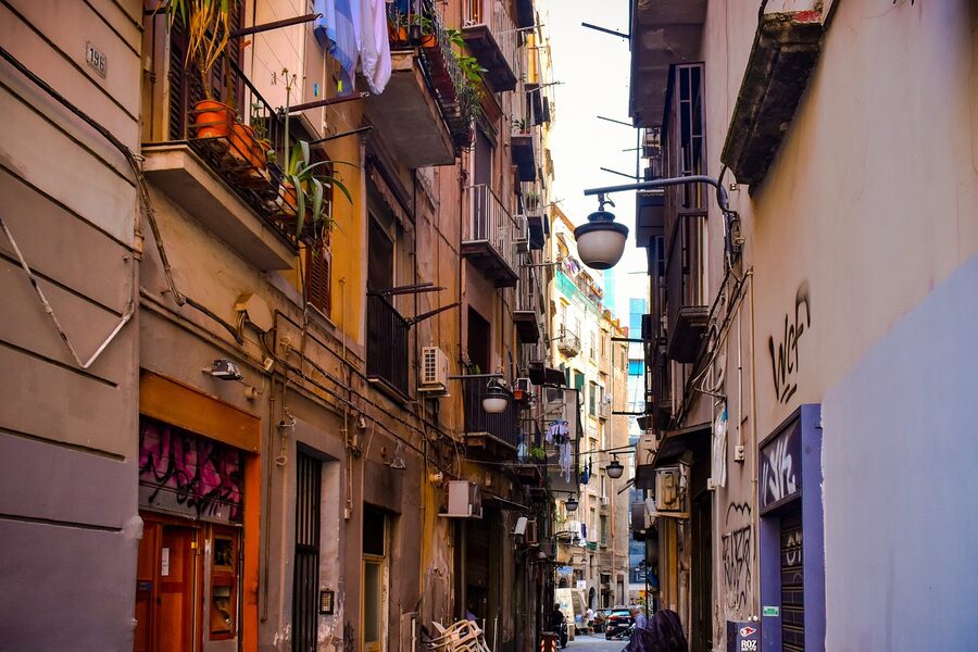 Typical Naples street scene with hanging laundry
