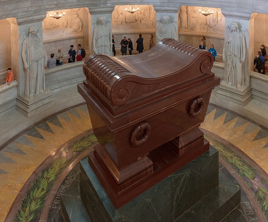 Red porphyry sarcophagus of Napoleon in the circular crypt of the Dôme des Invalides