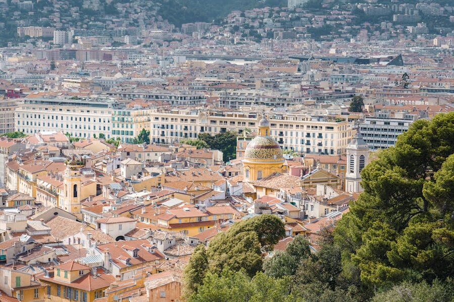 Red-tiled rooftops of Nice old town from above