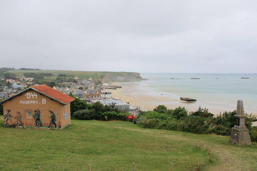 Concrete remains of the Mulberry harbour at Arromanches Normandy