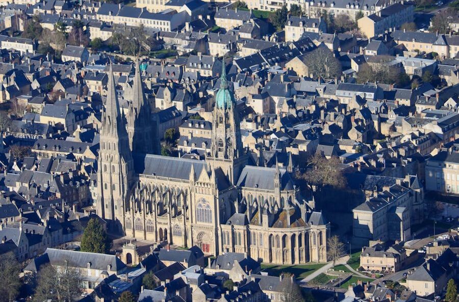 Aerial view of Bayeux Cathedral in Normandy
