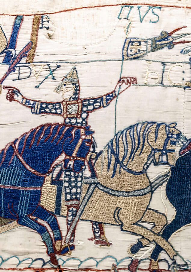 Scene from the Bayeux Tapestry showing 1066 Norman invasion fighting