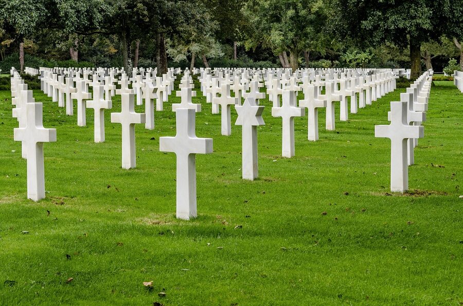 Aerial-style view of the rows of crosses at Colleville-sur-Mer cemetery