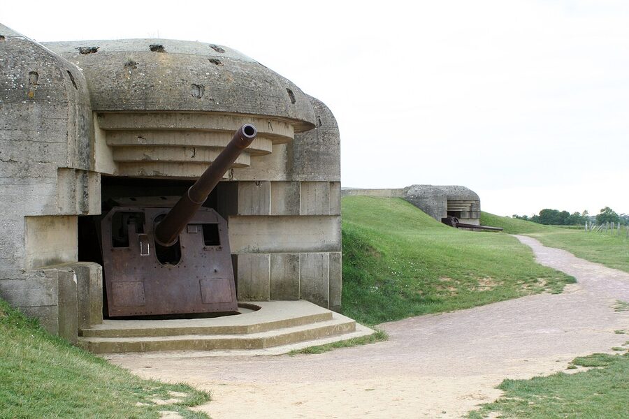 The Longues-sur-Mer battery bunker with surviving German gun in Normandy
