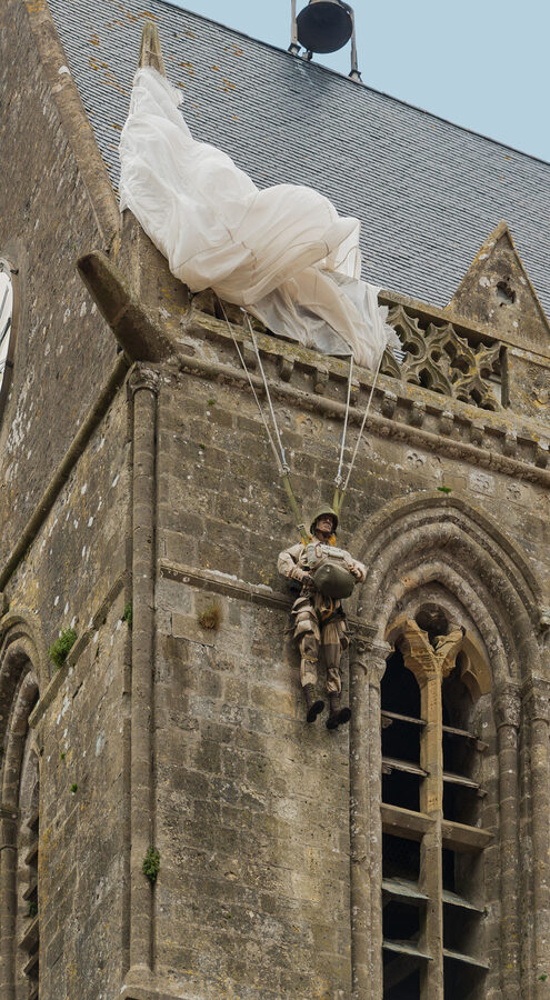 The John Steele paratrooper effigy on the church spire at Sainte-Mère-Église