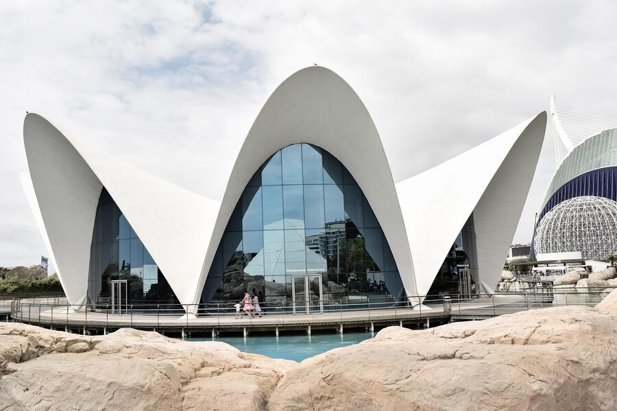 Oceanographic Valencia main building reflected in the surrounding water