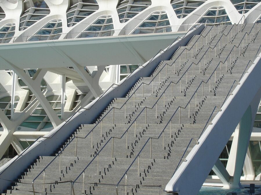 Stairs leading down into one of the underground zones at Oceanografic Valencia