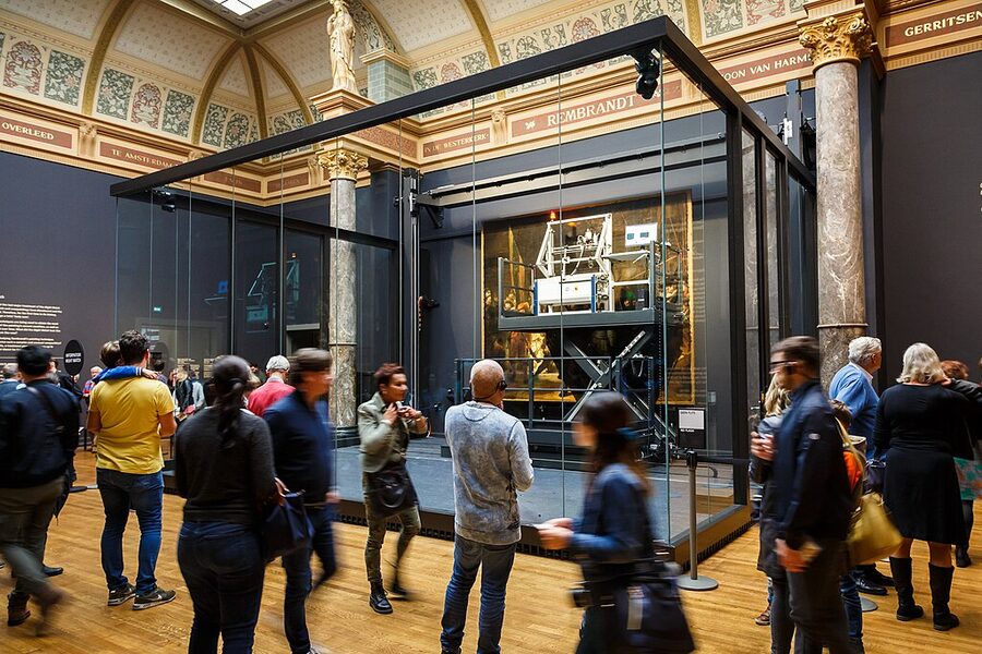 The Night Watch inside the Operation Night Watch glass chamber at the Rijksmuseum
