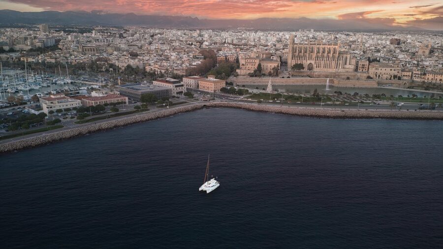 Aerial view of Palma cathedral and bay
