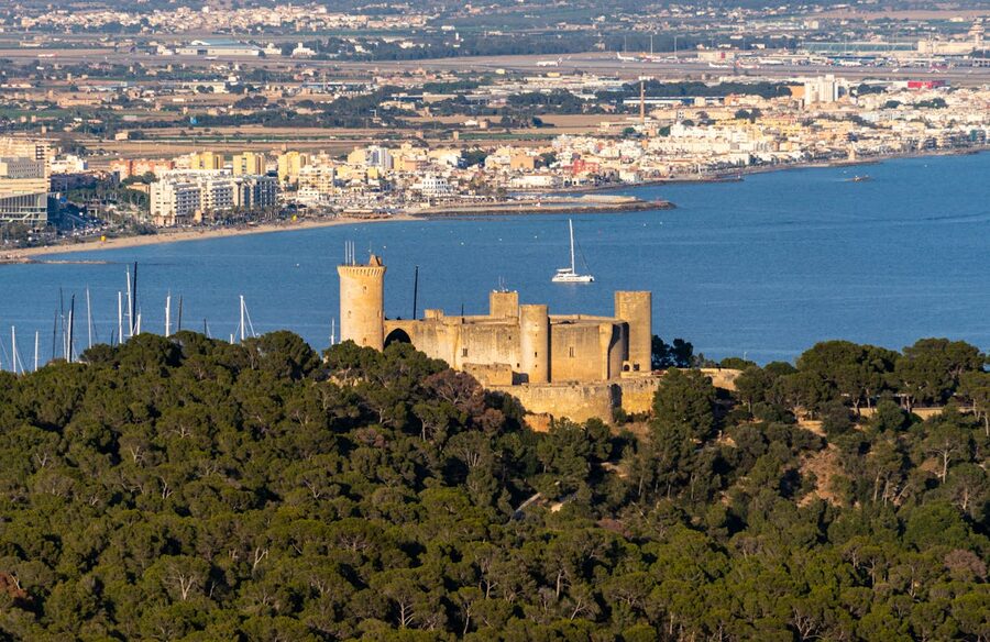 Aerial view of Bellver Castle and harbour Palma